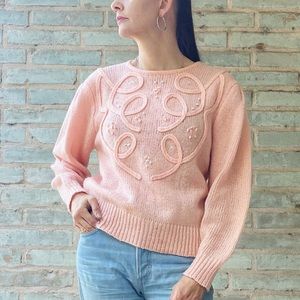 Vintage 80s Sweater Peach Pink Appliqué Pearl Puff Sleeve Dressy Jumper Pullover